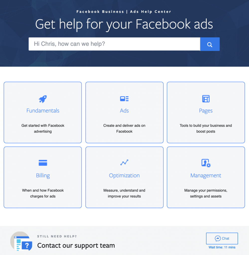 Facebook Business support. Help Center Facebook. Support links.