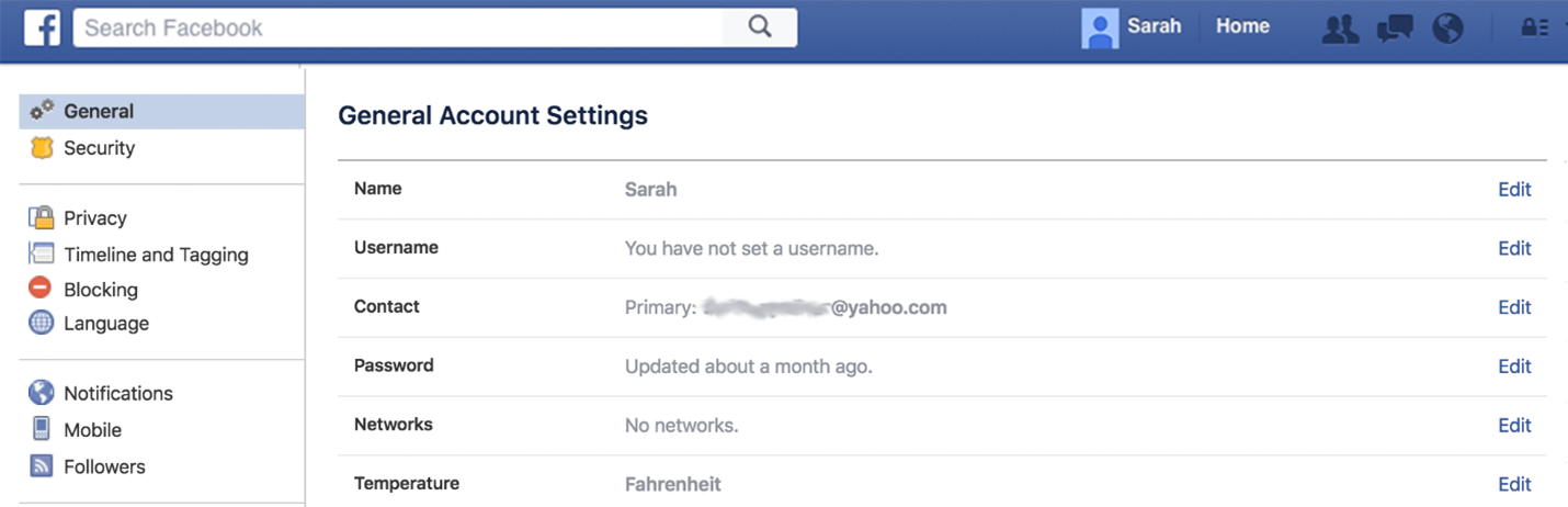 General Account Settings for Personal Facebook Account